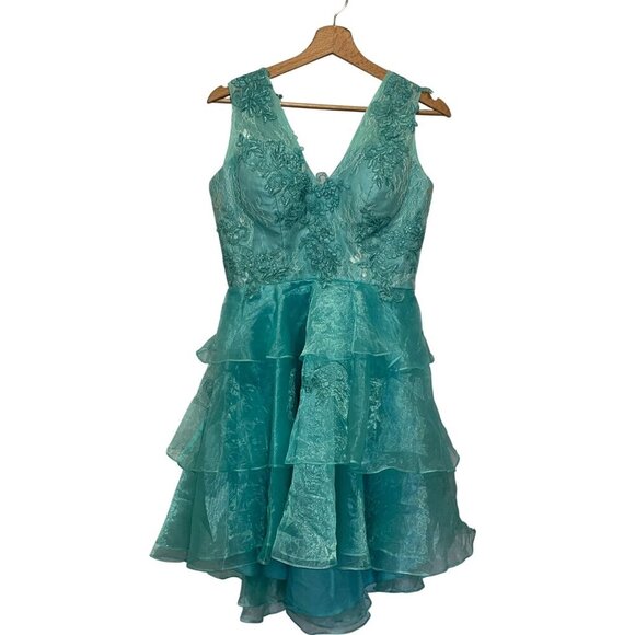 JJ's House Aqua A Line Layered Short Organza Cocktail Mini  Dress Women's Size S - Picture 1 of 8